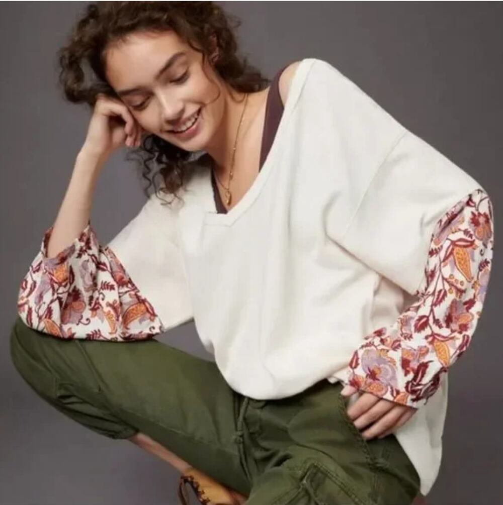 Anthropologie Large Annette Floral Sleeve Oversized Waffle Top Paisley Sleeves